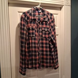 H&M Men's Casual Button Down Shirt - Red and Blue Plaid